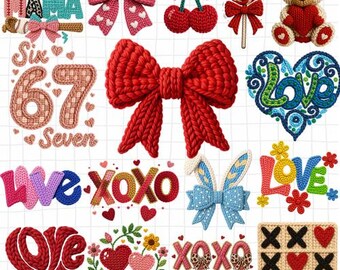 Valentine PNG Bundle | Faux Yarn Coquette Teddy Bear Highland Cow Crochet Hearts XOXO Love Digital Download