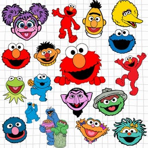 May include: A collection of colorful cartoon character cutouts, including Elmo, Cookie Monster, Big Bird, and others. The characters are in various poses and expressions, with bright colors and distinct features.