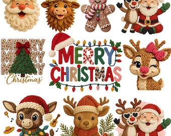 Christmas Crochet PNG Bundle | Faux Yarn Santa, Reindeer & Snowman PNG | Wreath Bow Holiday Sublimation | Digital Download