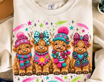 Christmas Highland Cow PNG Bundle | Watercolor Highland Cow Clipart Festive Holiday Sublimation Cute Christmas Shirt Design Digital Download
