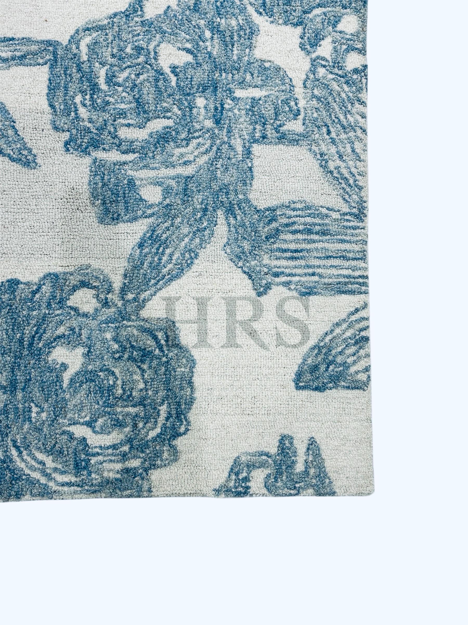Hand Tufted Blue Floral Area Rug, Modern Botanical Wool Rug, Living ...