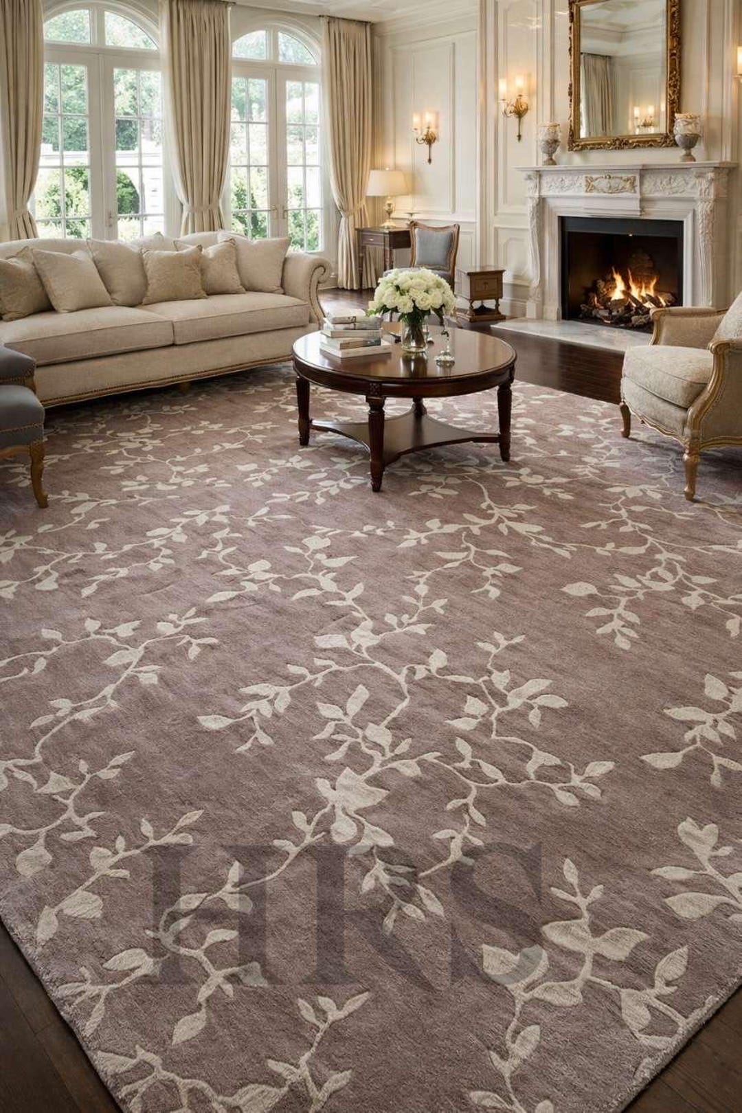 Hand Tufted Wool Rug, Elegant Vine Leaf Pattern Rug, Neutral Taupe ...