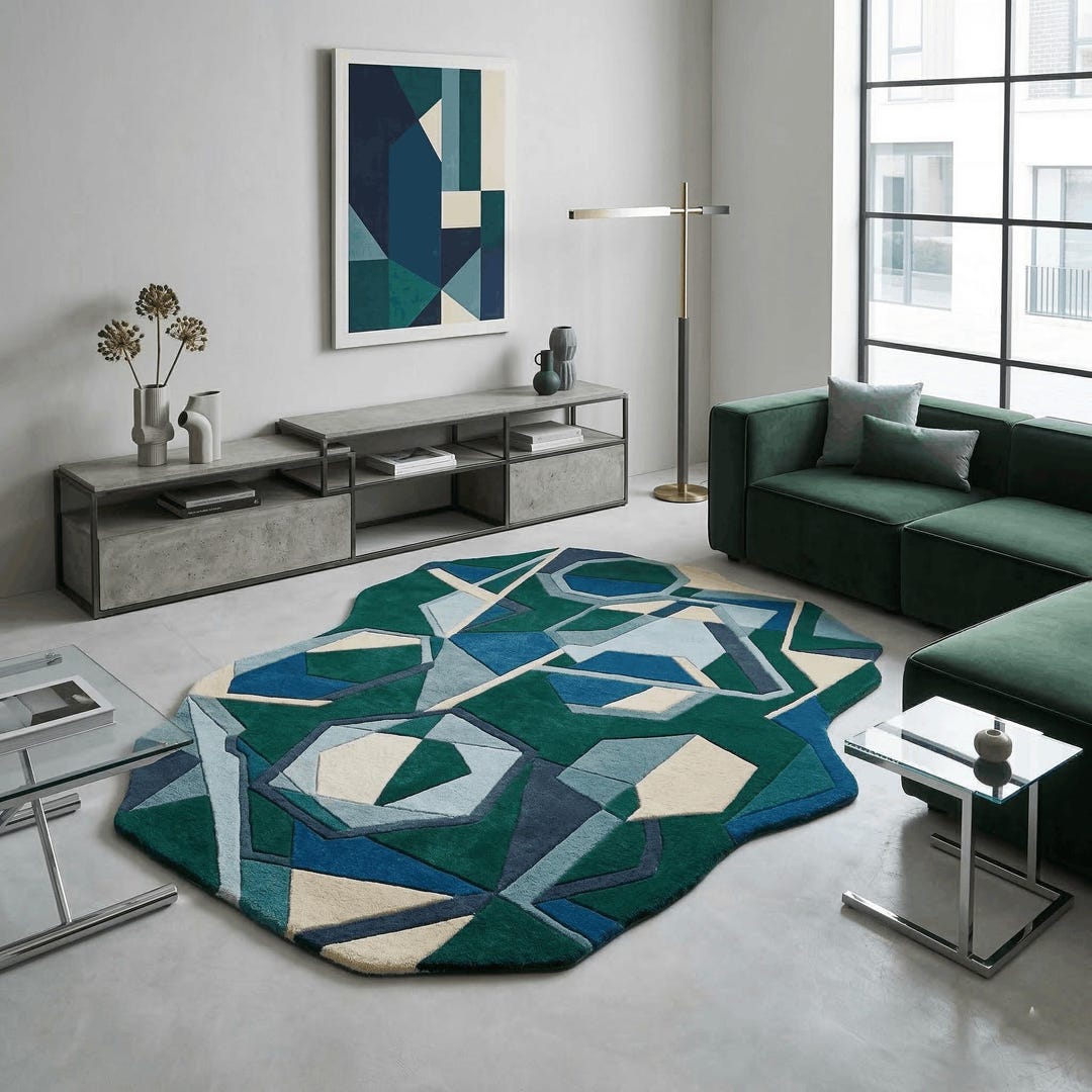 Abstract Polygon Geometric Rug, Modern Green and Blue Color Block Area ...