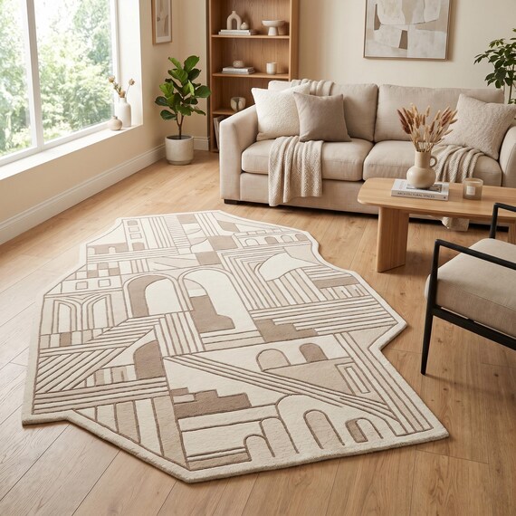 Ein Teppich in unregelmäßiger Form für Wohnzimmer, ein handgefertigter Teppich in Braun und Beige mit neutralem Geometrischem Dekor