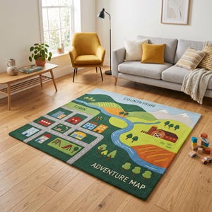 May include: A rectangular green Adventure Map rug with a town and countryside design. The rug features roads, buildings, a river, and the words "TOWN", "COUNTRYSIDE", and "ADVENTURE MAP". The rug is placed on a hardwood floor.