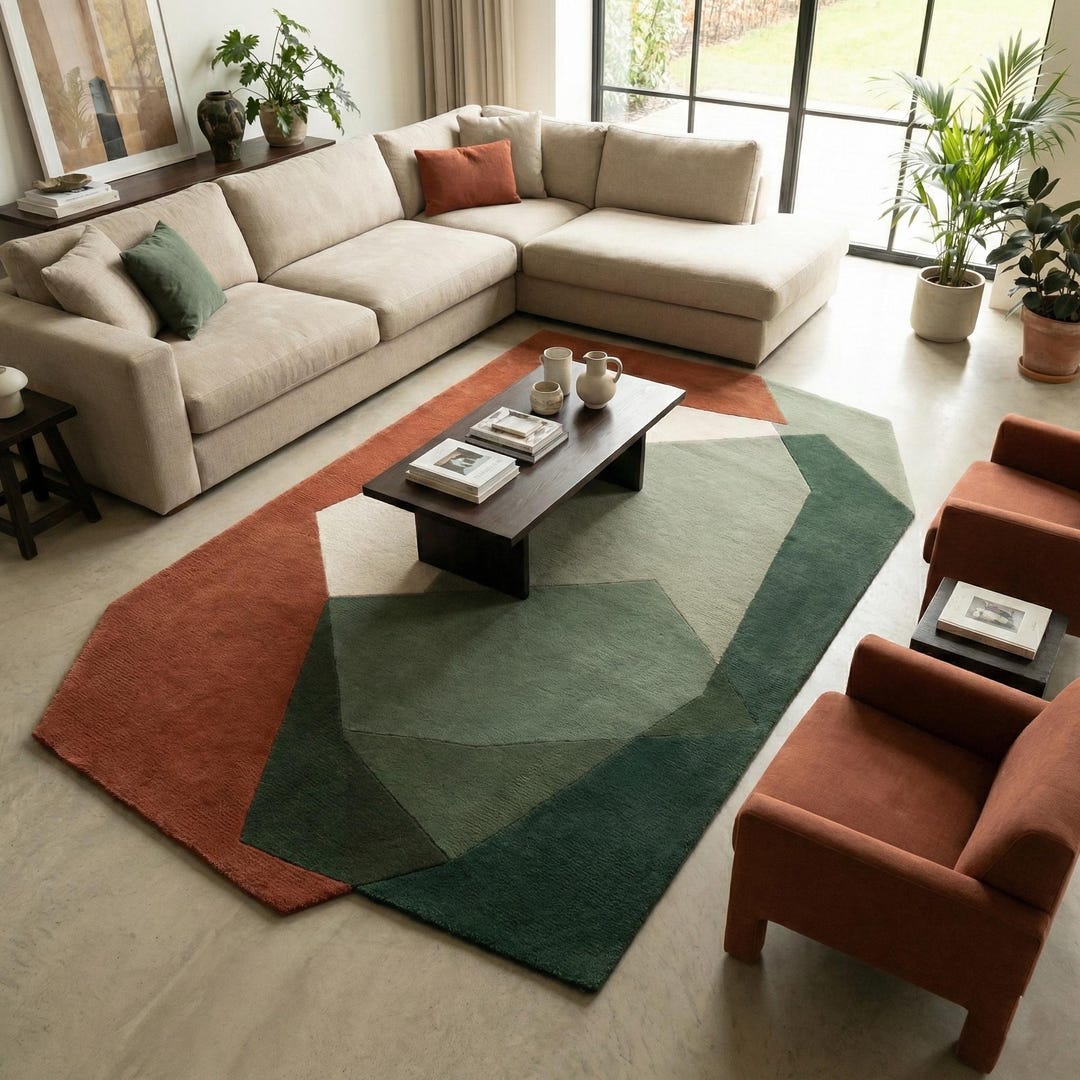Modern Abstract Geometric Wool Rug, Olive & Terracotta Polygon ...
