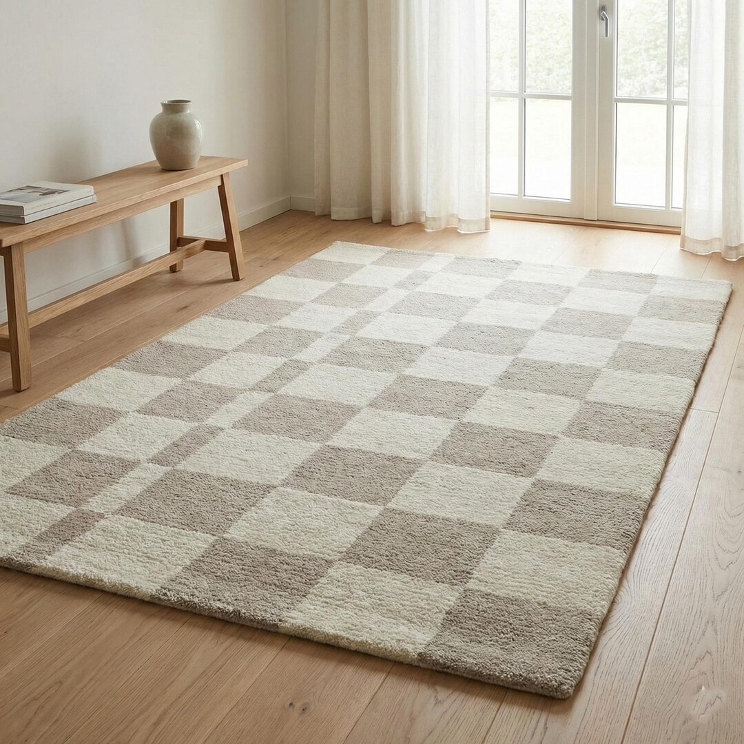 Neutral Checkerboard Area Rug – Handmade Minimalist Modern Rug, Soft ...
