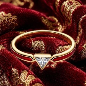 May include: A gold ring featuring a triangular-cut clear gemstone at the center. The band is accented with a smooth, deep red enamel inlay that runs along the sides, creating a striking contrast against the polished gold metal finish.