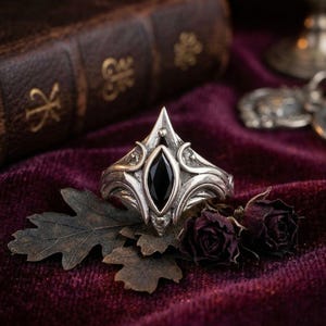 Gothic Marquise Black Onyx Ring – Victorian Elven Brass Statement Jewelry
