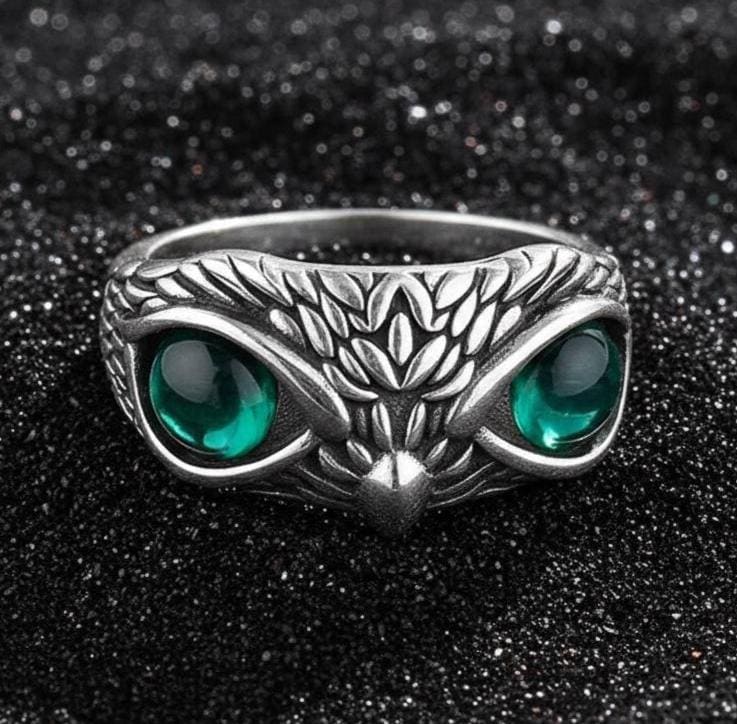 Gothic Owl Ring, Emerald Green Eyes, Sterling Silver Adjustable Band