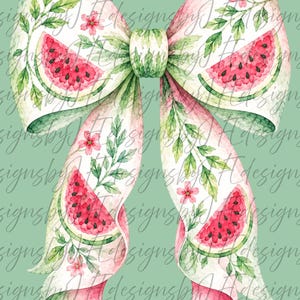 May include: A decorative bow featuring a watercolour print of red watermelon slices with black seeds, green rinds, and small pink flowers with green leaves on a white background. The bow has two large loops and two long, flowing tails with folded edges.