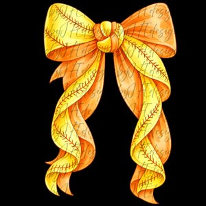 May include: A digitally drawn bow with a baseball theme. The bow is a mix of yellow and orange, with red stitching details. The bow is set against a black background.