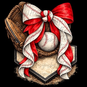 May include: A digital illustration featuring a baseball, glove, and home plate, adorned with a large red and white bow. The baseball has red stitching, and the bow has a baseball stitch design. The home plate has a distressed look.