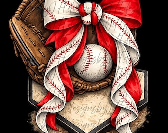 Watercolor Baseball Bow and Glove PNG, Baseball Mom Bow Design, Sports Clipart, Transparent Background