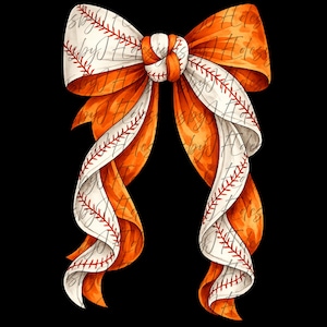 Puede incluir: Un lazo digital con temática de béisbol. El lazo es una combinación de naranja y blanco, con detalles de costura rojos que imitan una pelota de béisbol. El diseño está sobre un fondo negro.