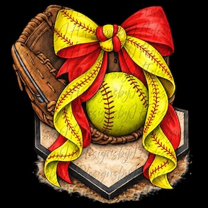 May include: A digital illustration featuring a softball, glove, and home plate. A large red and yellow bow adorns the softball. The softball is yellow with red stitching. The glove is brown, and the home plate is white and gray.