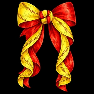 May include: A digitally illustrated bow with red and yellow ribbons. The yellow ribbons have a baseball stitch design and script. The bow is set against a black background.