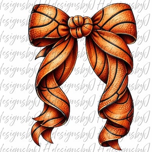 May include: A digitally rendered orange basketball bow with black lines, resembling the texture of a basketball. The bow is tied in the center with flowing ribbon tails. The background is white with a watermark.