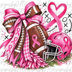May include: A digital illustration featuring a brown football, a pink football helmet, and a large pink bow with polka dots and gingham patterns. Pink breast cancer awareness ribbons are displayed on the ball, helmet, and bow. Black play diagrams are visible.