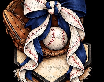 Customized Watercolor Baseball Bow and Glove PNG, Baseball Mom Bow Design, Sports Clipart, Transparent Background