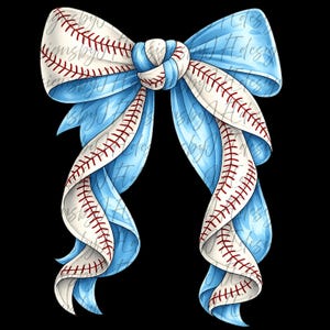 May include: A digitally rendered bow featuring a baseball theme. The bow has light blue and white ribbons, with the white ribbons detailed with red baseball stitching. The bow is set against a black background.