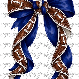 May include: A decorative bow featuring a deep blue satin-like ribbon intertwined with a brown, textured football-patterned ribbon. The brown ribbon displays multiple white-laced football graphics and is bordered by white stitching along the edges.