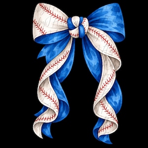May include: A digital illustration of a bow with a baseball theme. The bow combines white ribbons with red stitching, resembling a baseball, and blue ribbons. The design is set against a black background.