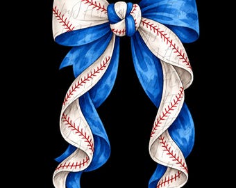 Watercolor Baseball Bow PNG | Blue & White Baseball Ribbon Clipart | Sports Bow Sublimation Design | Transparent Background