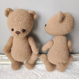 Pu&ograve; includere: Due orsacchiotti di peluche all'uncinetto, uno marrone e uno beige, in piedi su una superficie di pizzo bianco. Gli orsacchiotti hanno occhi neri e nasi marroni.