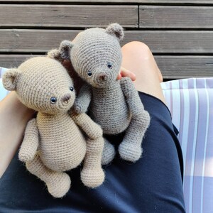 Pu&ograve; includere: Due orsacchiotti di peluche all'uncinetto, uno marrone e uno grigio, sono seduti sulle gambe di una persona. Gli orsacchiotti hanno occhi neri e nasi marroni.