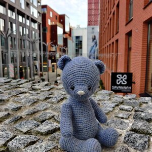 Pu&ograve; includere: Un orsacchiotto di peluche blu all'uncinetto seduto su una superficie di pietra. L'orso ha un naso bianco e occhi neri. L'orso &egrave; seduto di fronte a un edificio in mattoni con la parola "Savannah" su un cartello.