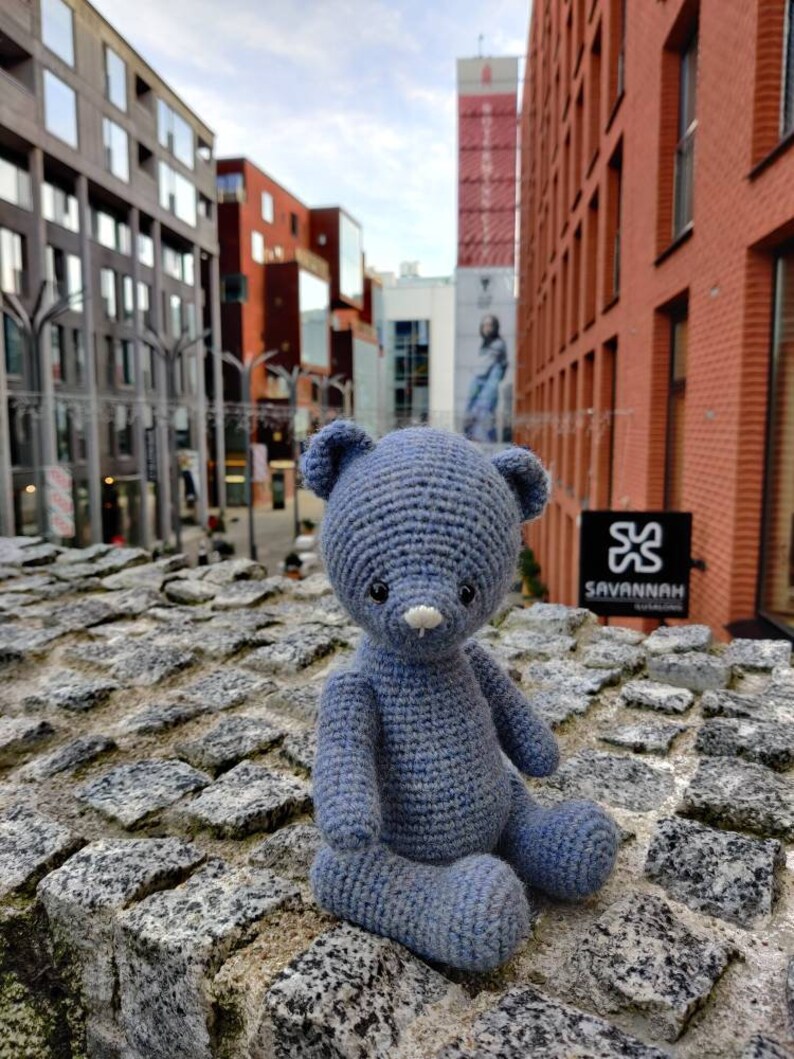 Pu&ograve; includere: Un orsacchiotto di peluche blu all'uncinetto seduto su una superficie di pietra. L'orso ha un naso bianco e occhi neri. L'orso &egrave; seduto di fronte a un edificio in mattoni con la parola "Savannah" su un cartello.