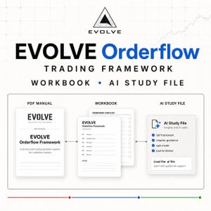 May include: The EVOLVE Orderflow Trading Framework includes a PDF manual, a workbook with a checklist, and an AI study file. The text reads EVOLVE Orderflow Trading Framework Workbook AI Study File, with details on the PDF manual, framework checklist, and AI study file features like full framework, chapter guidance, quiz mode, and journal review.