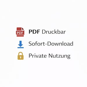 Pu&ograve; includere: Sfondo bianco con tre icone e testo. Un'icona PDF rossa con il testo "PDF Druckbar", una freccia blu verso il basso con il testo "Sofort-Download" e un lucchetto dorato con il testo "Private Nutzung".