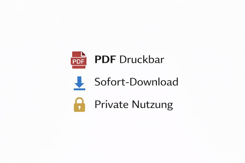 Pu&ograve; includere: Sfondo bianco con tre icone e testo. Un'icona PDF rossa con il testo "PDF Druckbar", una freccia blu verso il basso con il testo "Sofort-Download" e un lucchetto dorato con il testo "Private Nutzung".