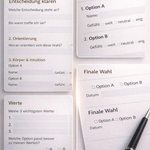 Pu&ograve; includere: Un insieme di schede bianche con testo in tedesco, utilizzate per il processo decisionale e l'introspezione. Le schede includono domande per chiarire le decisioni, esplorare le opzioni e identificare i valori. Una penna &egrave; appoggiata su un foglio con caselle di controllo.