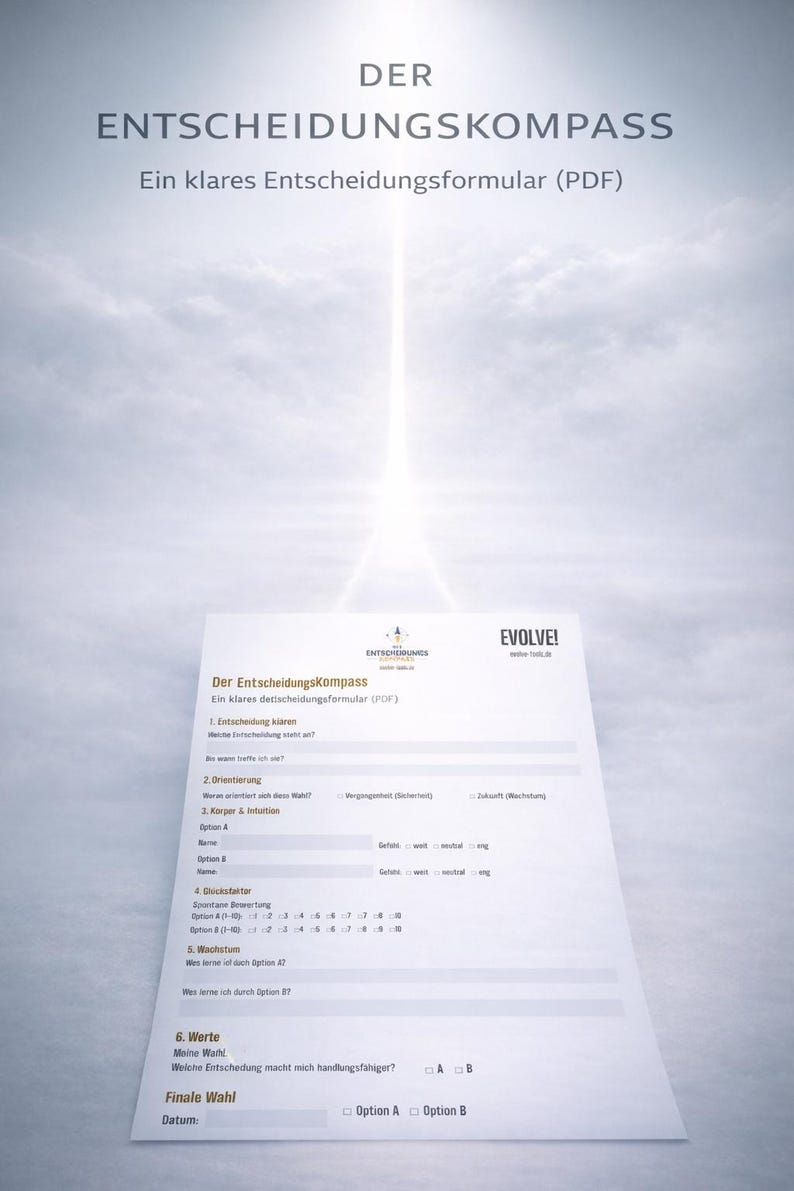 Pu&ograve; includere: Un documento bianco intitolato "Der Entscheidungskompass" (La Bussola delle Decisioni) con testo nero, progettato come un modulo decisionale chiaro (PDF). Il documento include sezioni per chiarimenti, orientamento e intuizione. Sfondo azzurro chiaro.