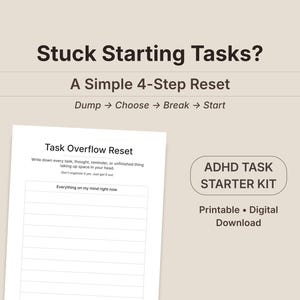 ADHD Task Starter Kit Printable, Executive Dysfunction Planner, Task Paralysis PDF, Brain Dump Worksheet, Focus Planner Instant Download