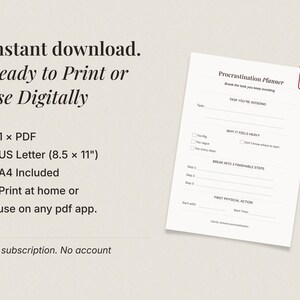 Printable procrastination planner PDF instant download including US Letter and A4 formats, minimalist productivity worksheet for task clarity and focus.