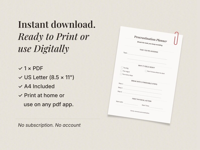 Printable procrastination planner PDF instant download including US Letter and A4 formats, minimalist productivity worksheet for task clarity and focus.