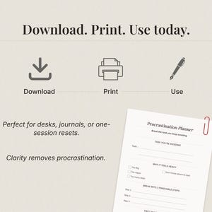 Download, print and use today productivity planner printable, simple procrastination reset worksheet for desks, journals or quick task planning sessions.