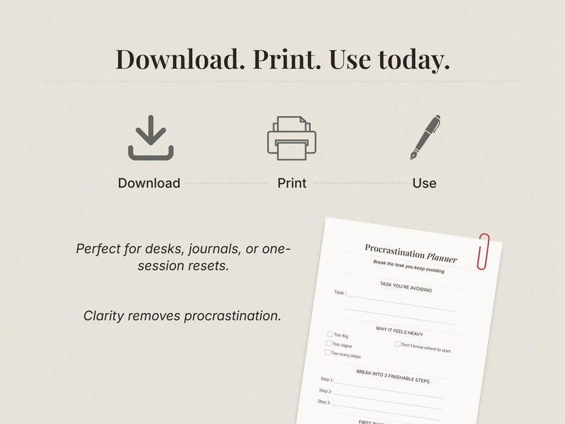 Download, print and use today productivity planner printable, simple procrastination reset worksheet for desks, journals or quick task planning sessions.
