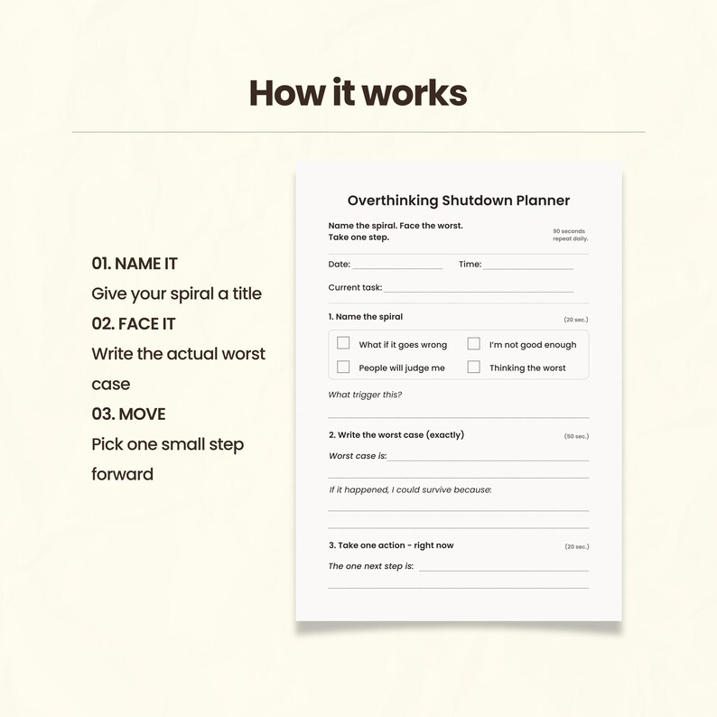 Overthinking Worksheet Printable PDF, Anxiety Reset, ADHD Focus Planner ...