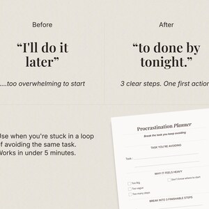 Before and after productivity concept showing procrastination turning into action using the Procrastination Reset Planner with three clear steps and first action planning.