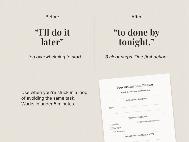 Before and after productivity concept showing procrastination turning into action using the Procrastination Reset Planner with three clear steps and first action planning.