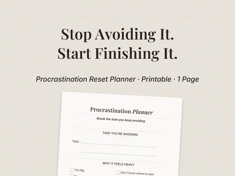 Procrastination Reset Planner printable PDF, minimalist 1-page productivity worksheet to break down avoided tasks and start action, digital download planner for overcoming procrastination.