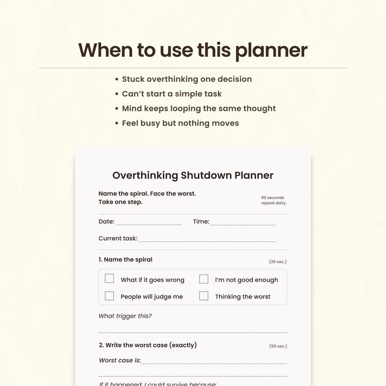 Overthinking Worksheet Printable PDF, Anxiety Reset, ADHD Focus Planner ...