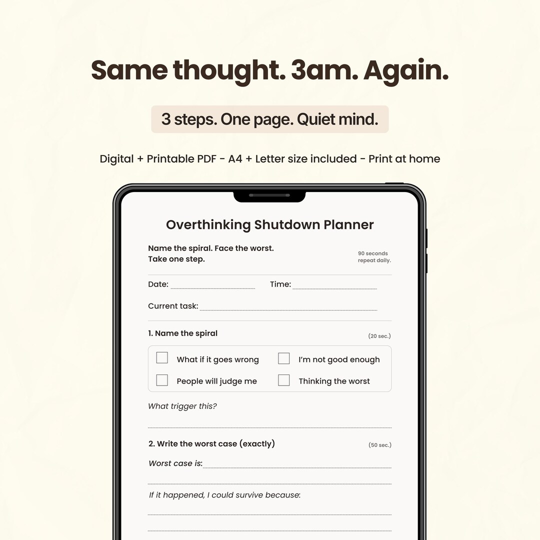 Overthinking Worksheet Printable PDF, Anxiety Reset, ADHD Focus Planner ...