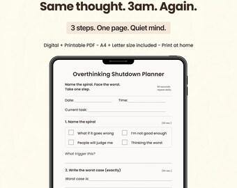 Overthinking Worksheet Printable PDF, Anxiety Reset, ADHD Focus Planner, Stop Overthinking Instant Download, Worry Spiral Worksheet