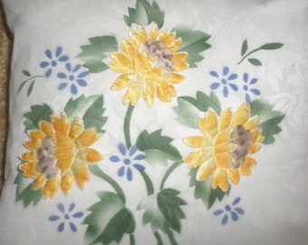 Throw Pillow Cover/Floral Appliqués Sunflowers/Acrylic Zipper/16" Square/Like New